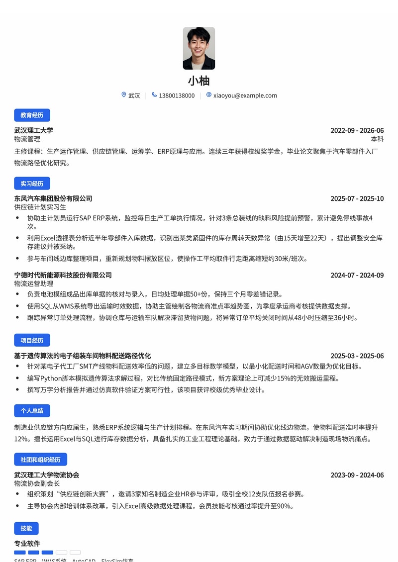 供应链/物流管理简历模板（制造业/汽车/电子校招）简历模板预览