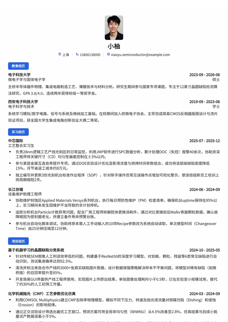 半导体工艺/设备工程师简历模板（电子/半导体制造校招）简历模板预览