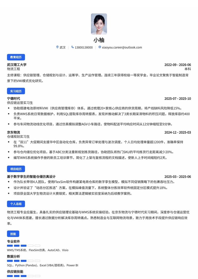 供应链工程师简历模板(物流/互联网/制造业校招)简历模板预览