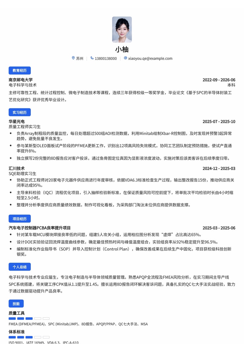 质量管理工程师简历模板(电子/半导体/汽车制造校招)简历模板预览