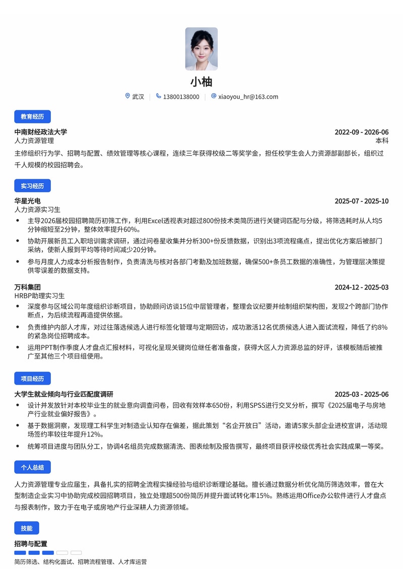 人力资源专员简历模板(电子/房地产/综合校招)简历模板预览