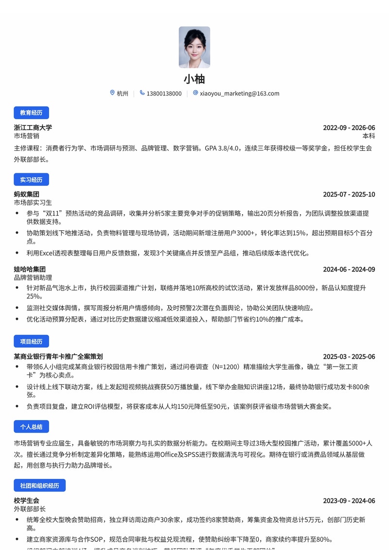 市场营销策划简历模板(银行/消费品/房地产校招)简历模板预览