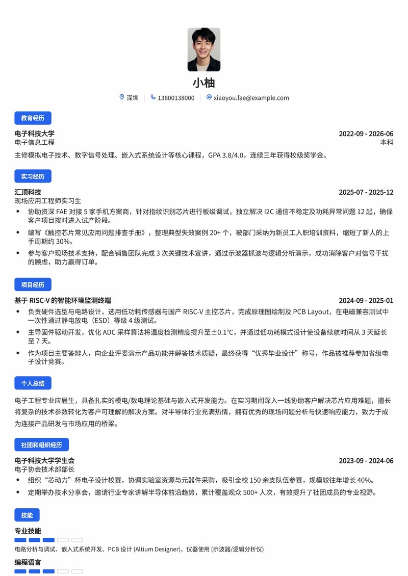 现场应用工程师 (FAE) 简历模板(电子/半导体技术支持校招)简历模板预览