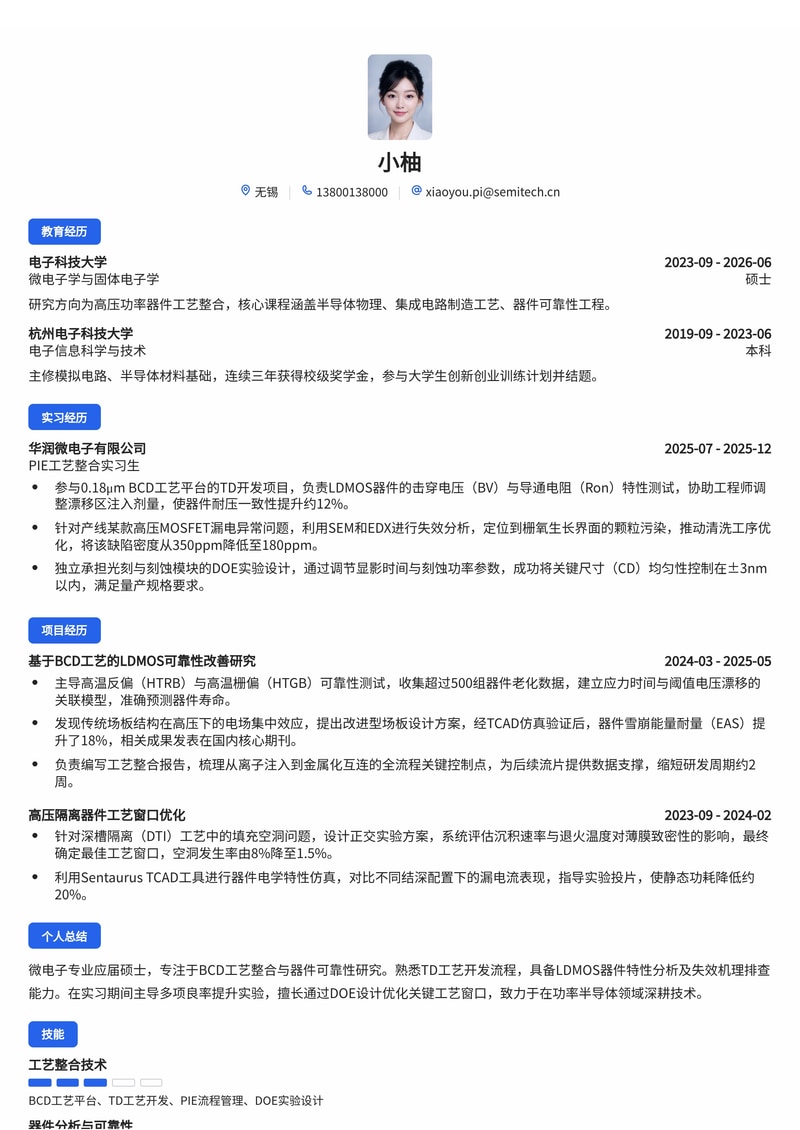 工艺整合研发工程师简历模板(电子/半导体制造校招)简历模板预览