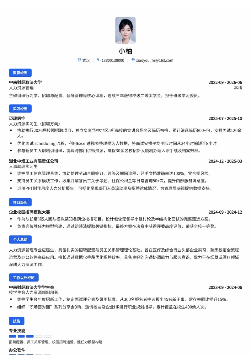 人力资源专员/助理简历模板(烟草/医疗/综合校招)简历模板预览