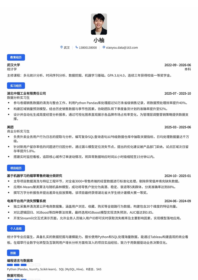 数据分析师简历模板(烟草/互联网校招)简历模板预览