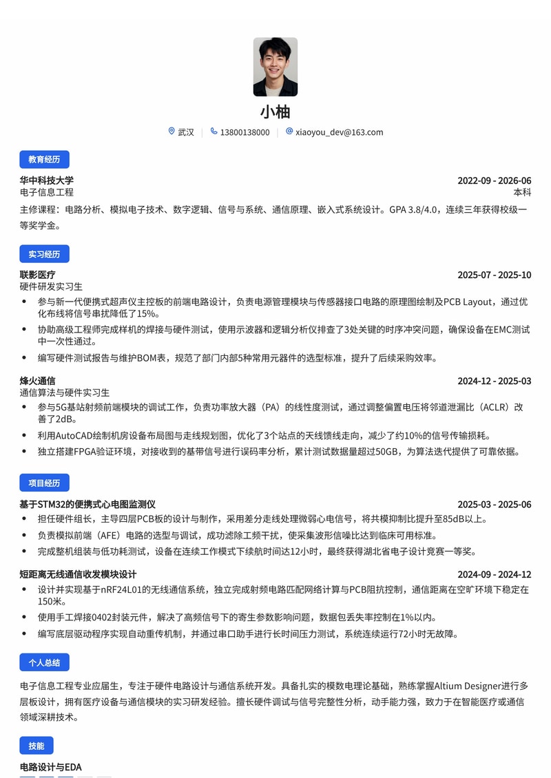 硬件通信研发工程师简历模板(医疗设备/通信校招)简历模板预览