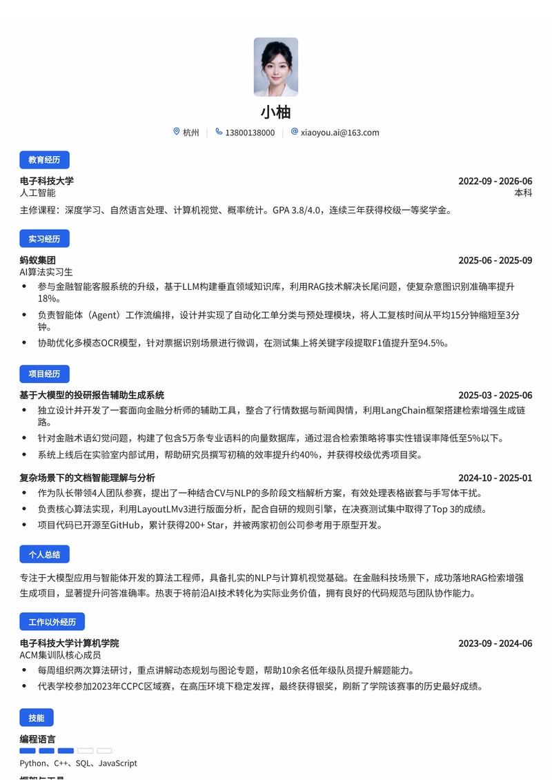AI应用算法工程师简历模板（人工智能/金融科技校招）简历模板预览