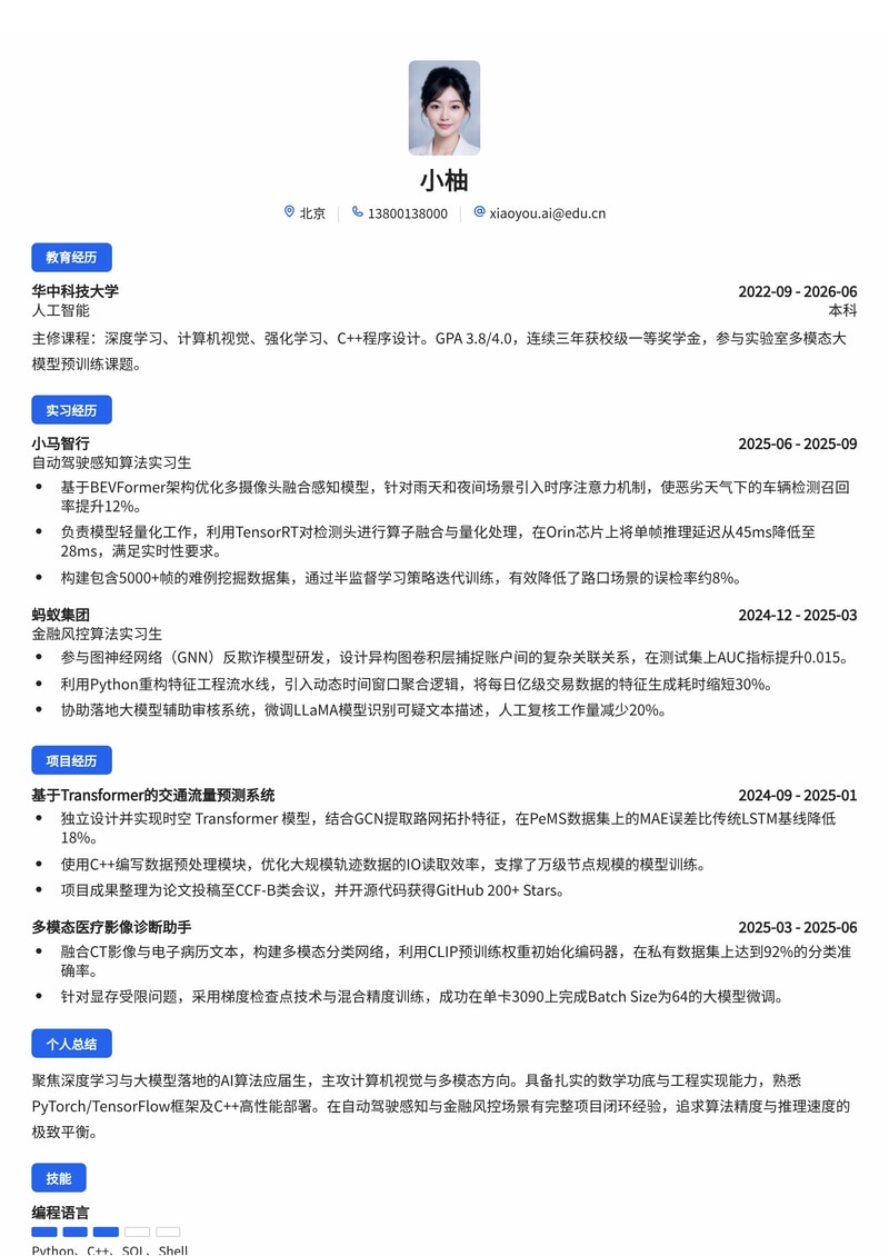 AI 算法工程师简历模板（人工智能/自动驾驶/金融科技校招）简历模板预览