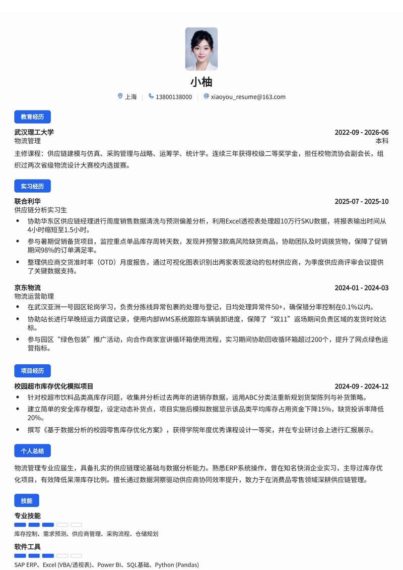 供应链管理培训生简历模板(消费品/零售/制造业校招)简历模板预览
