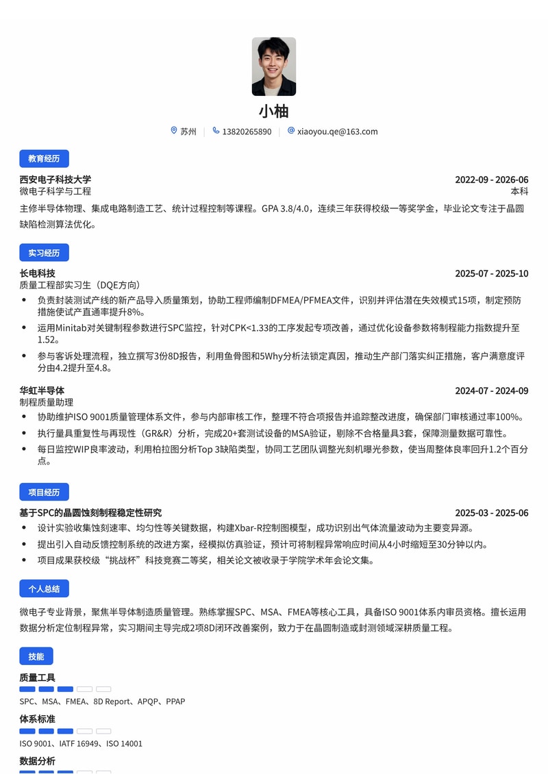 质量管理工程师(QE/DQE)简历模板-制造业半导体校招专用简历模板预览