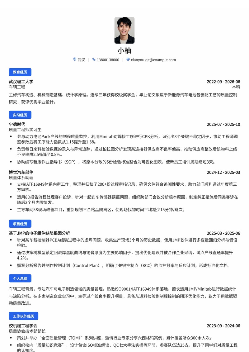 质量管理工程师简历模板(汽车/制造业/电子校招)简历模板预览