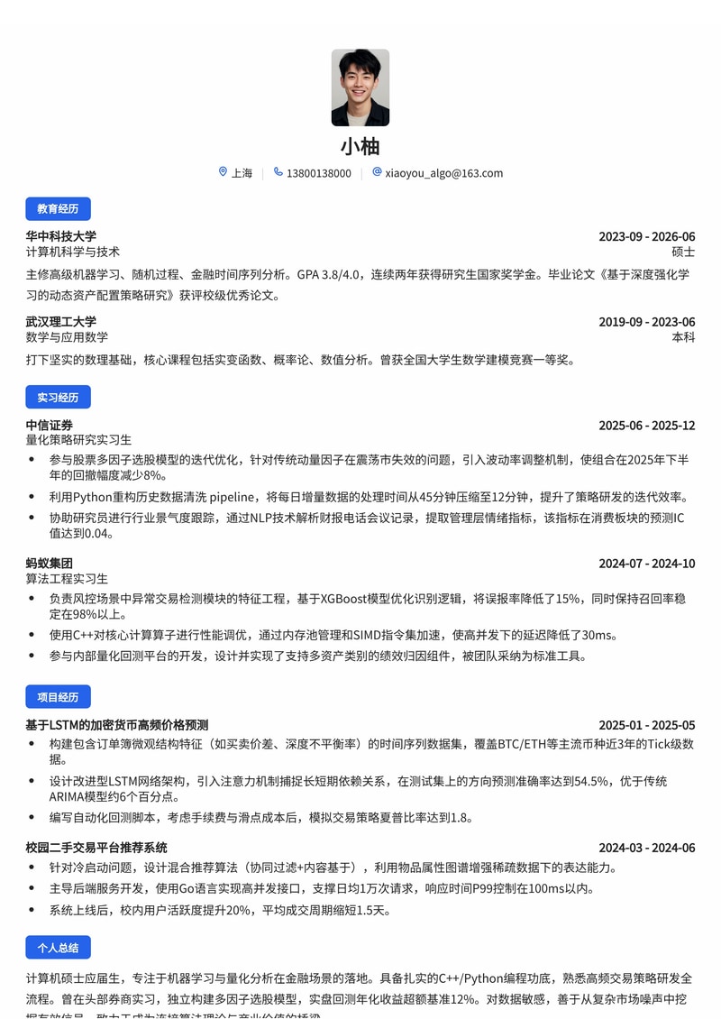 算法研究员简历模板(金融/互联网校招)简历模板预览