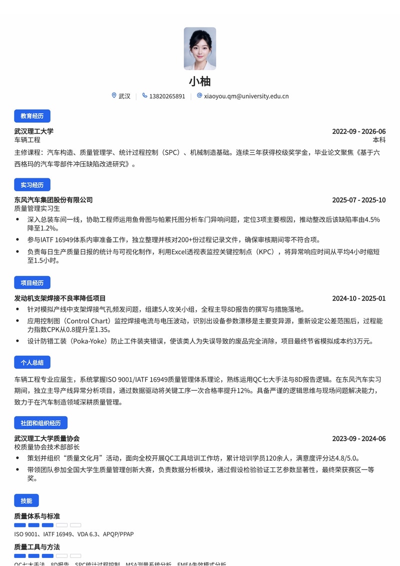 质量管理师简历模板(汽车/制造业校招)简历模板预览