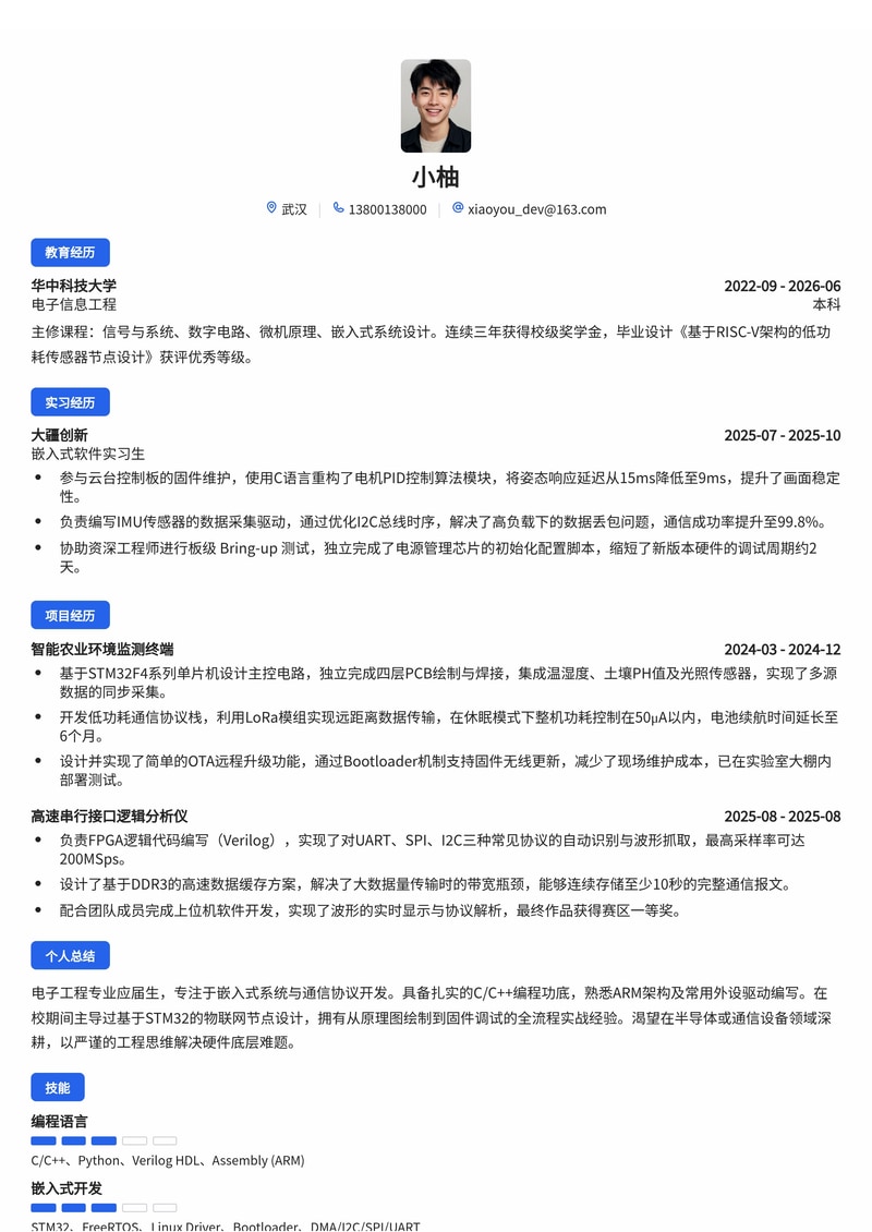 通信研发工程师简历模板(电子/半导体校招)简历模板预览