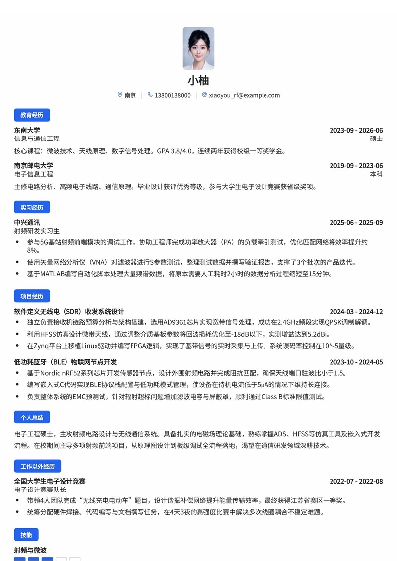 射频/通信研发工程师简历模板(通信/专业服务/电子校招)简历模板预览