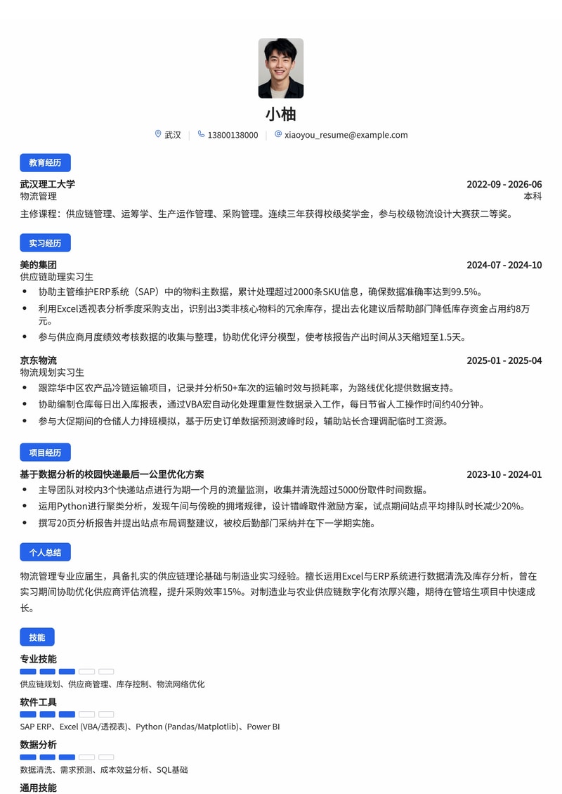供应链管培生简历模板(制造业/互联网/农业校招)简历模板预览