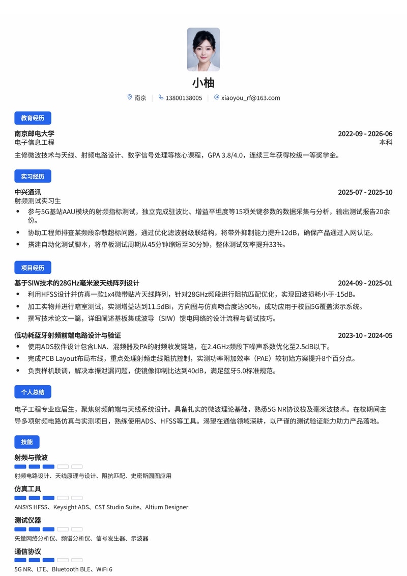 射频/无线通信工程师简历模板(通信/专业服务校招)简历模板预览