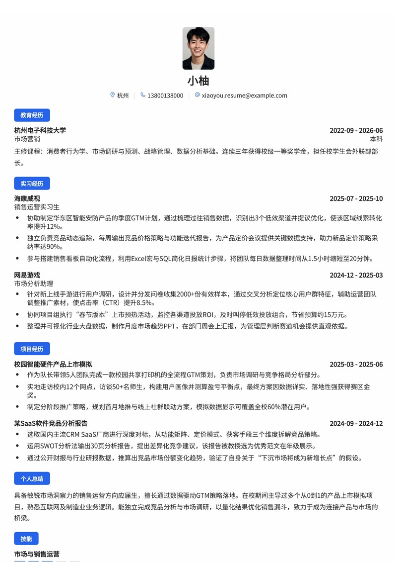 销售运营/GTM专员简历模板(互联网/制造业校招)简历模板预览