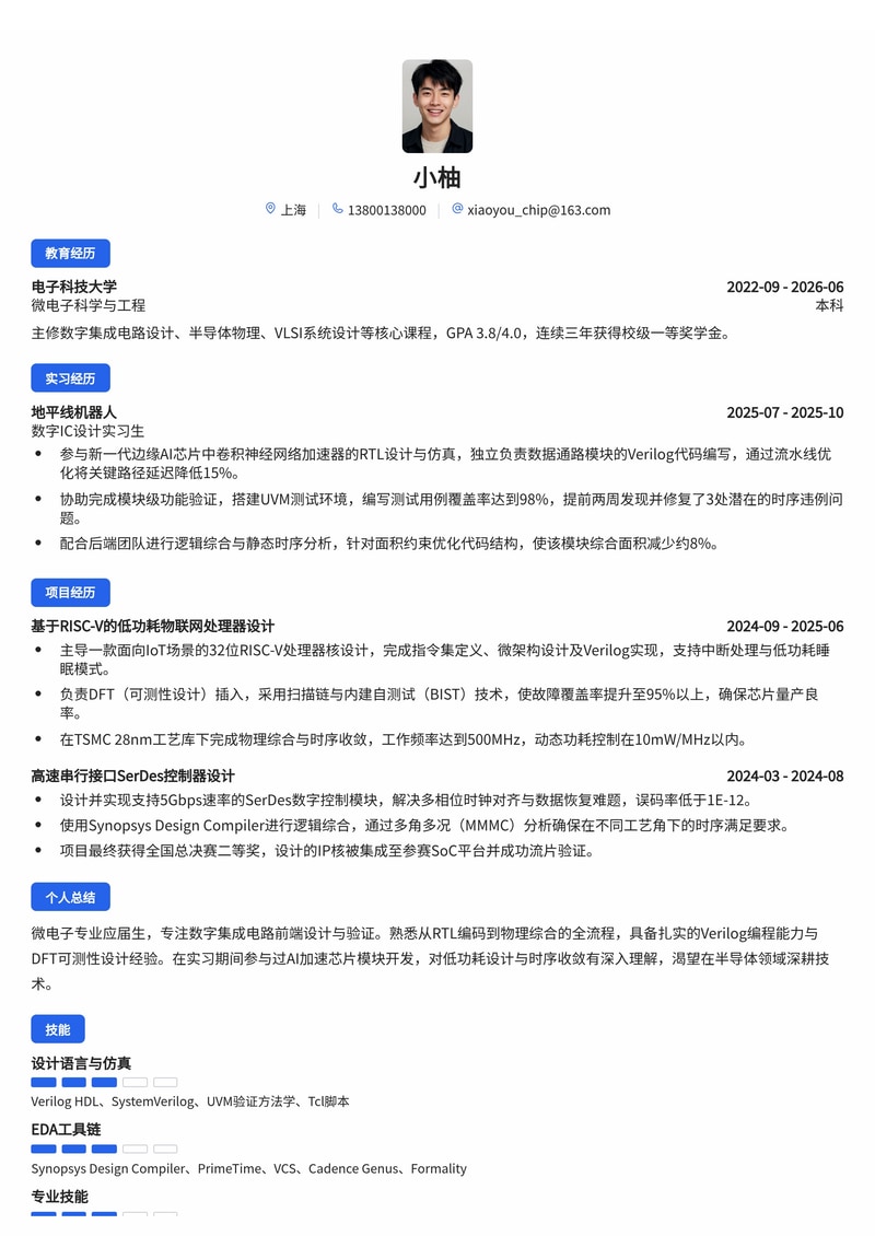 芯片设计工程师简历模板（半导体/AI校招专用）简历模板预览