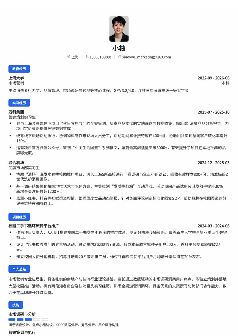 市场营销策划简历模板（房地产/快消校招）简历模板预览