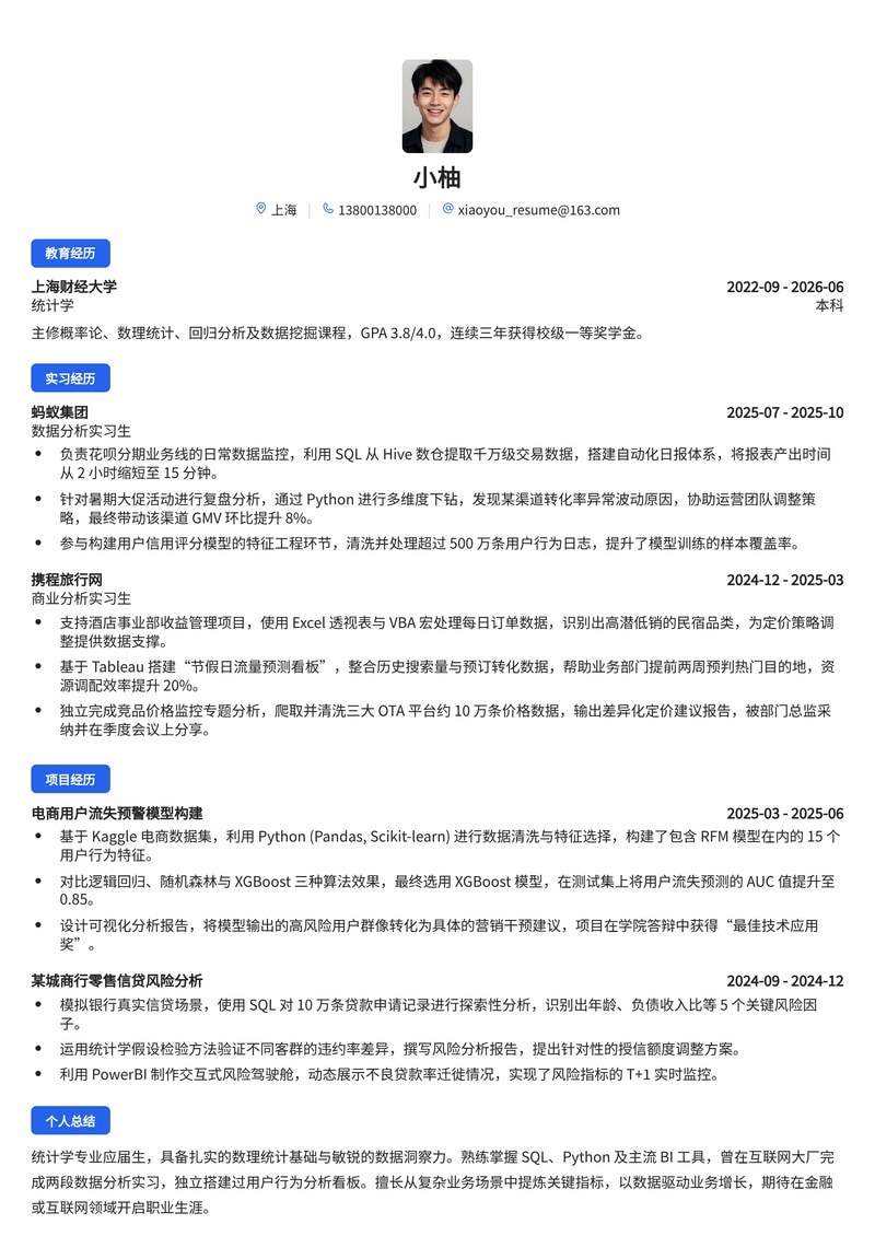数据分析师简历模板（金融/互联网校招）简历模板预览