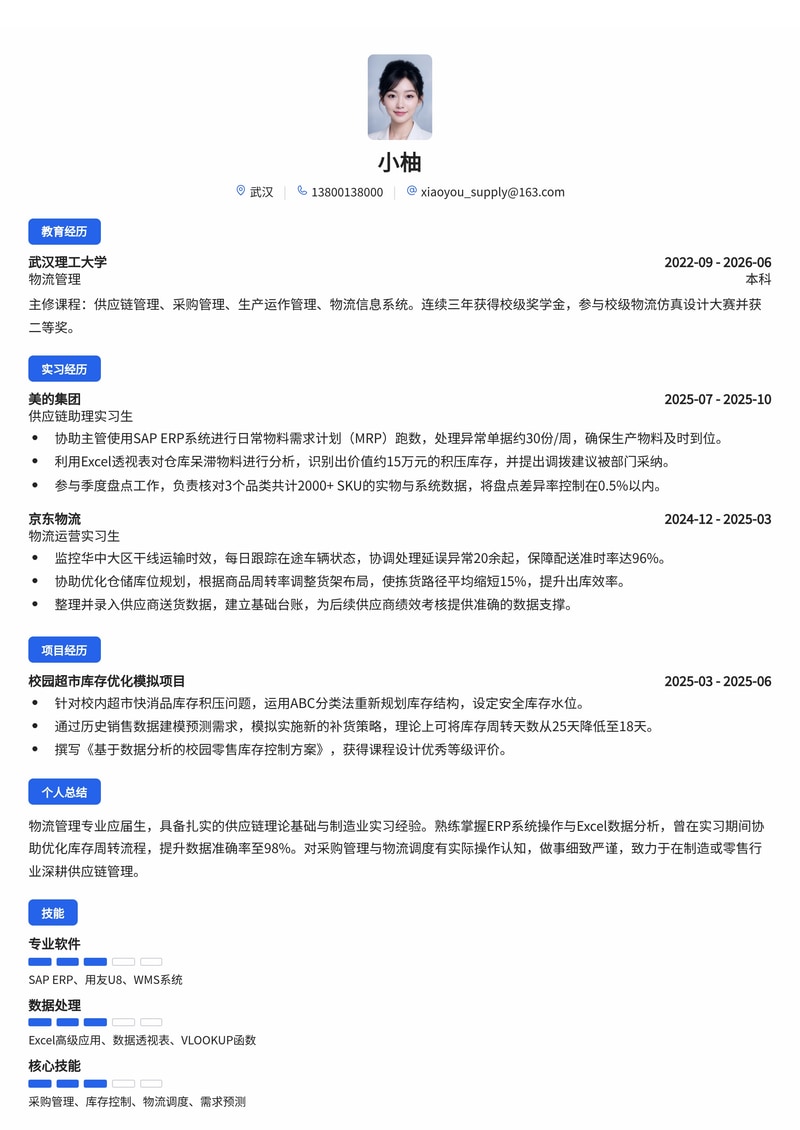 供应链专员简历模板（制造业/物流/零售校招）简历模板预览