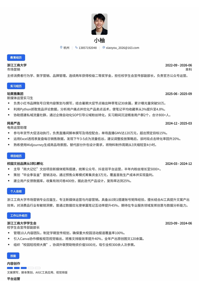 新媒体运营专员简历模板(专业服务/消费品校招)简历模板预览