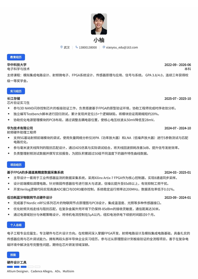 硬件/芯片工程师简历模板(电子/半导体/人工智能校招)简历模板预览