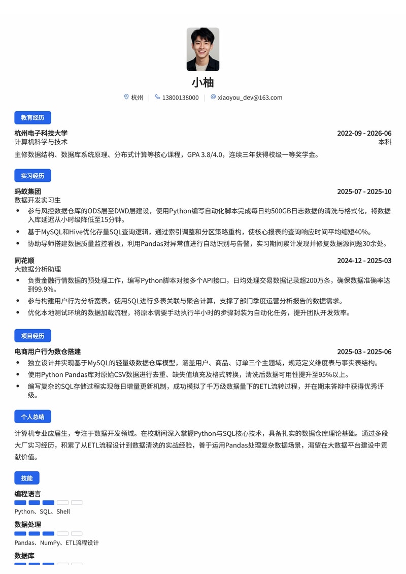 数据开发工程师简历模板(互联网/金融/大数据校招)简历模板预览