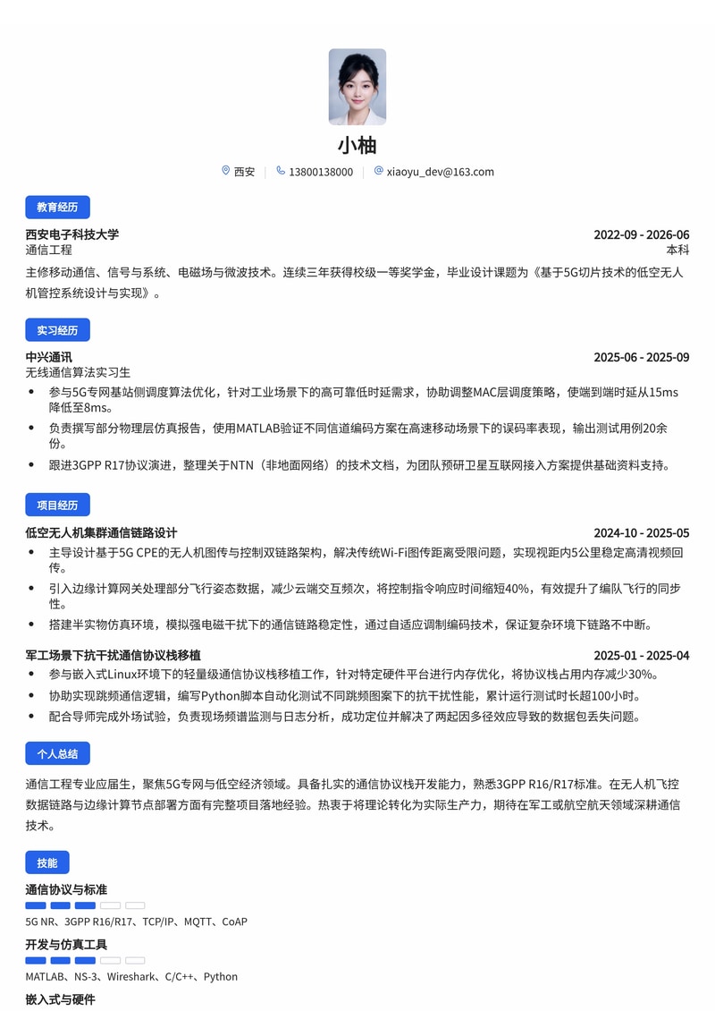 通信研发工程师(5G/低空经济)校招简历模板简历模板预览
