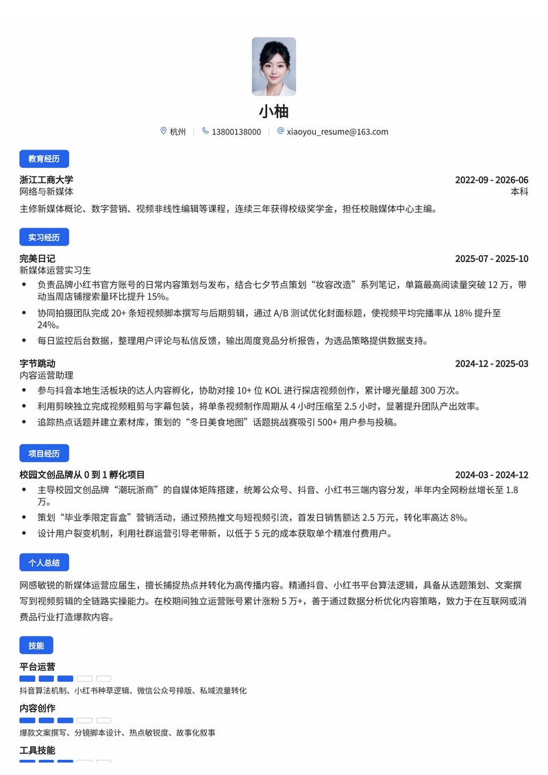 新媒体运营专员简历模板（互联网/传媒/消费品校招）简历模板预览