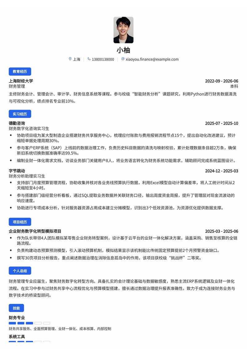 财务数字化顾问校招简历模板（含业财一体化/ERP/数据治理）简历模板预览