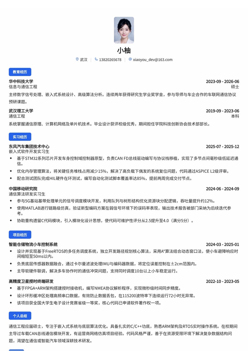 通信研发工程师简历模板(校招专用)简历模板预览