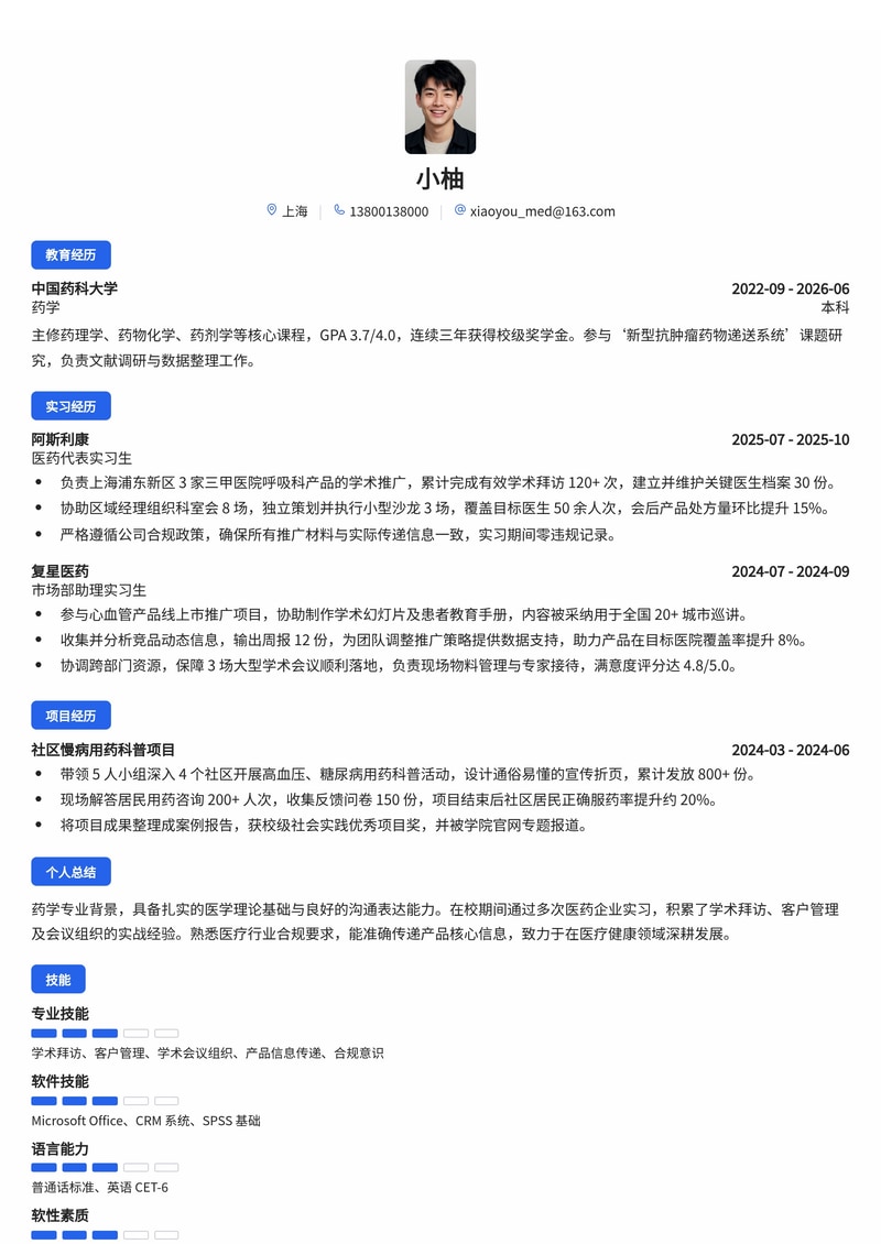 医药代表简历模板(医疗/健康校招)简历模板预览