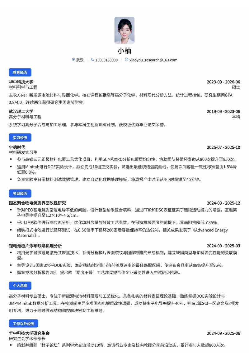 工艺材料研发工程师简历模板(新能源高端制造校招)简历模板预览