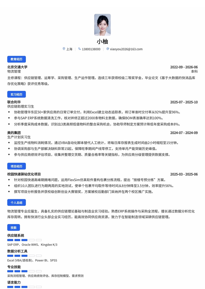 供应链管理培训生简历模板(制造业/快消/物流校招)简历模板预览
