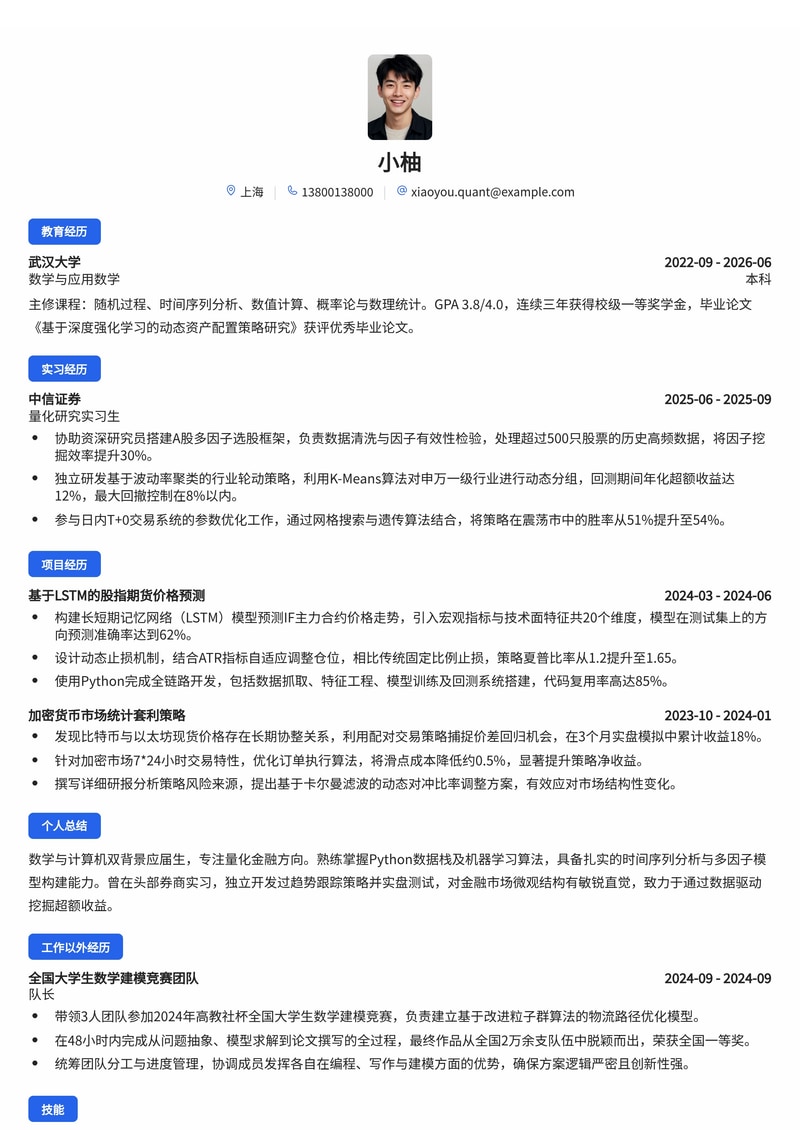 量化研究员简历模板(金融/证券/基金校招)简历模板预览