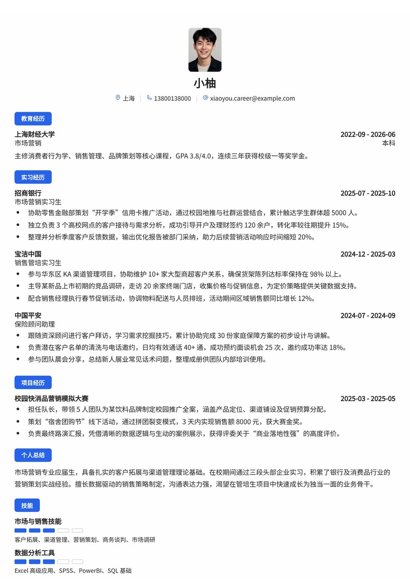 市场营销/销售管培生简历模板(银行/保险/消费品校招)简历模板预览