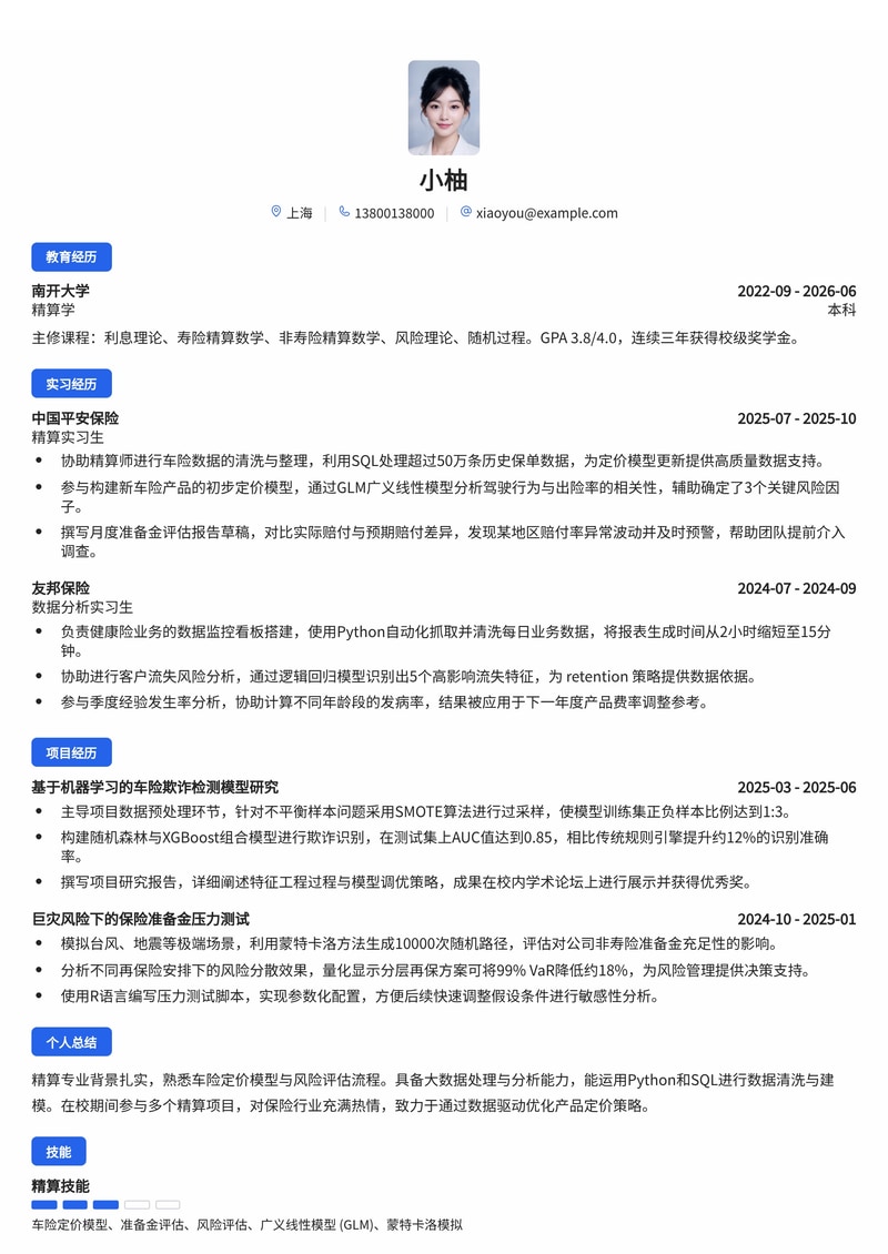 保险精算师简历模板(金融/保险校招)简历模板预览