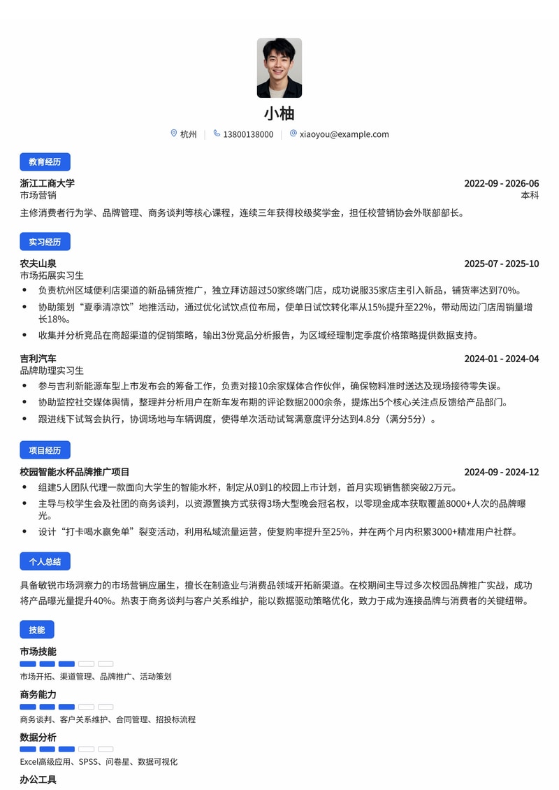 市场营销特战队员简历模板(制造业/消费品校招)简历模板预览