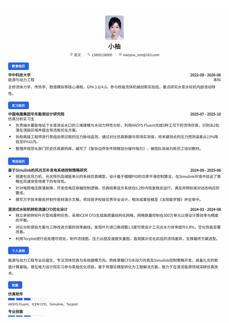 仿真工程师简历模板（能源/电力校招）简历模板预览