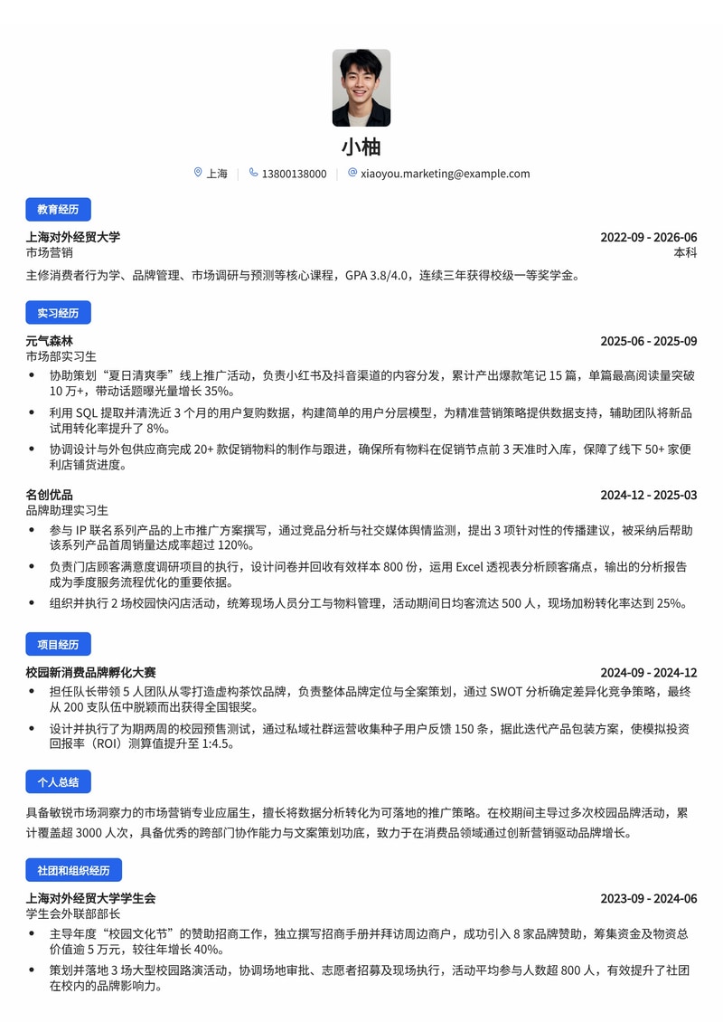 市场营销专员简历模板（消费品/零售校招）简历模板预览