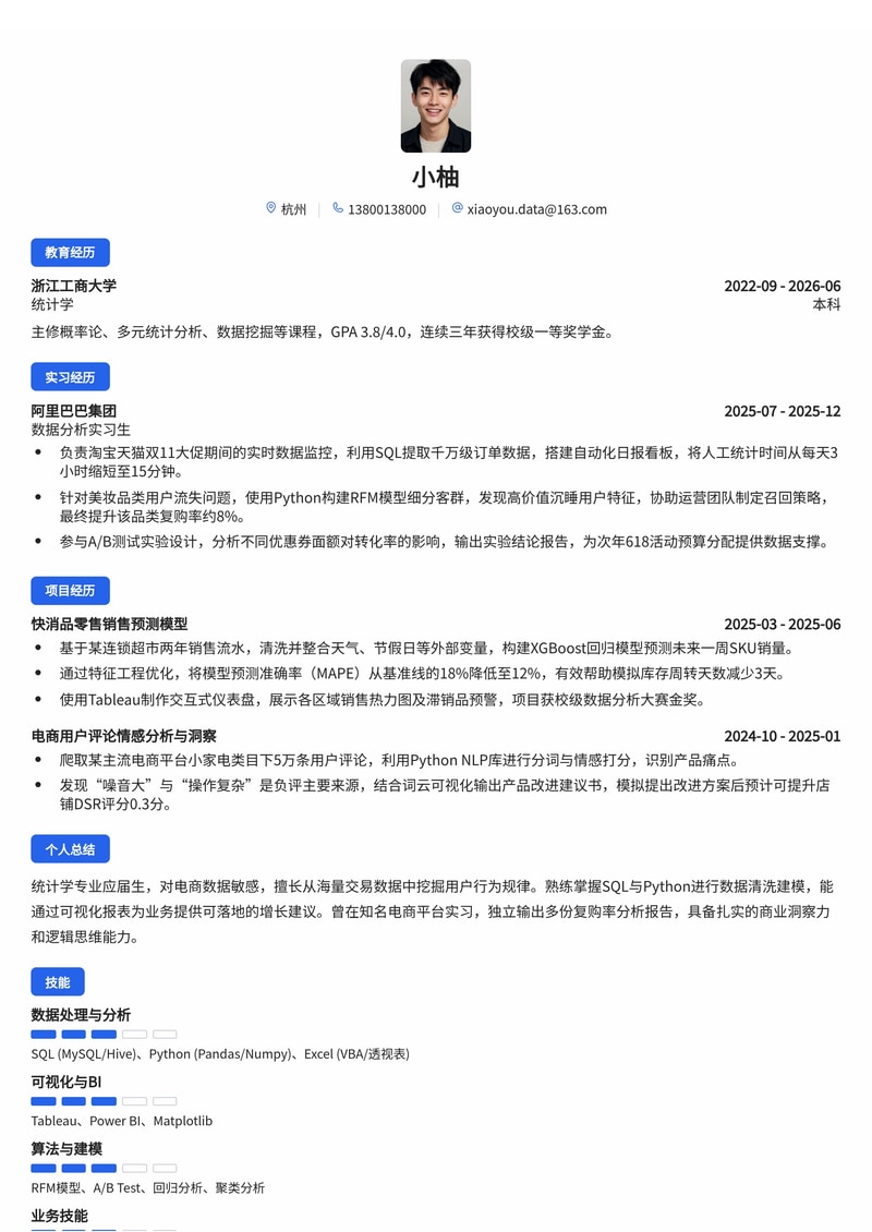 数据分析师简历模板（电商/消费品校招）简历模板预览