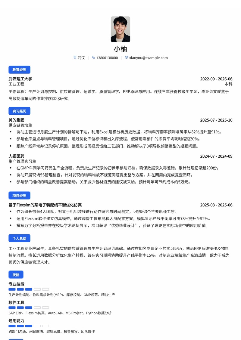 供应链/生产管理管培生简历模板（制造业/消费品/医药校招）简历模板预览