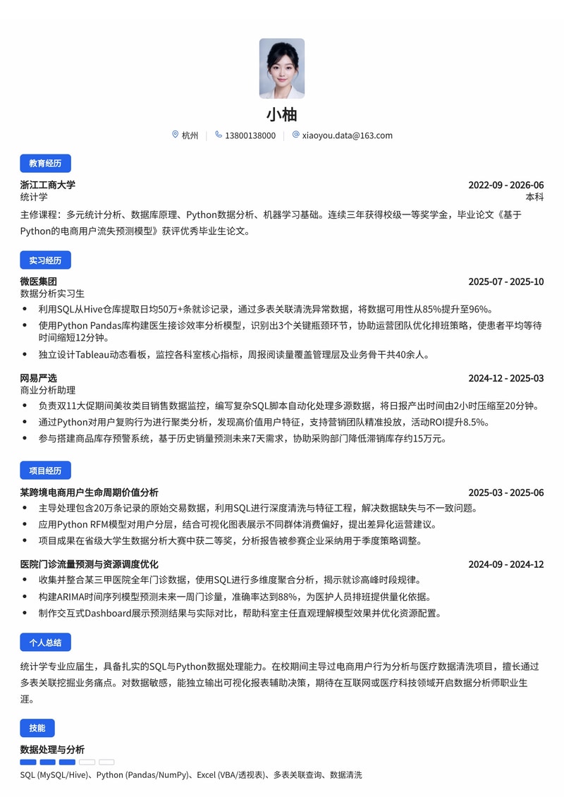 数据分析师（SQL/Python）简历模板（互联网/医疗科技/电商校招）简历模板预览