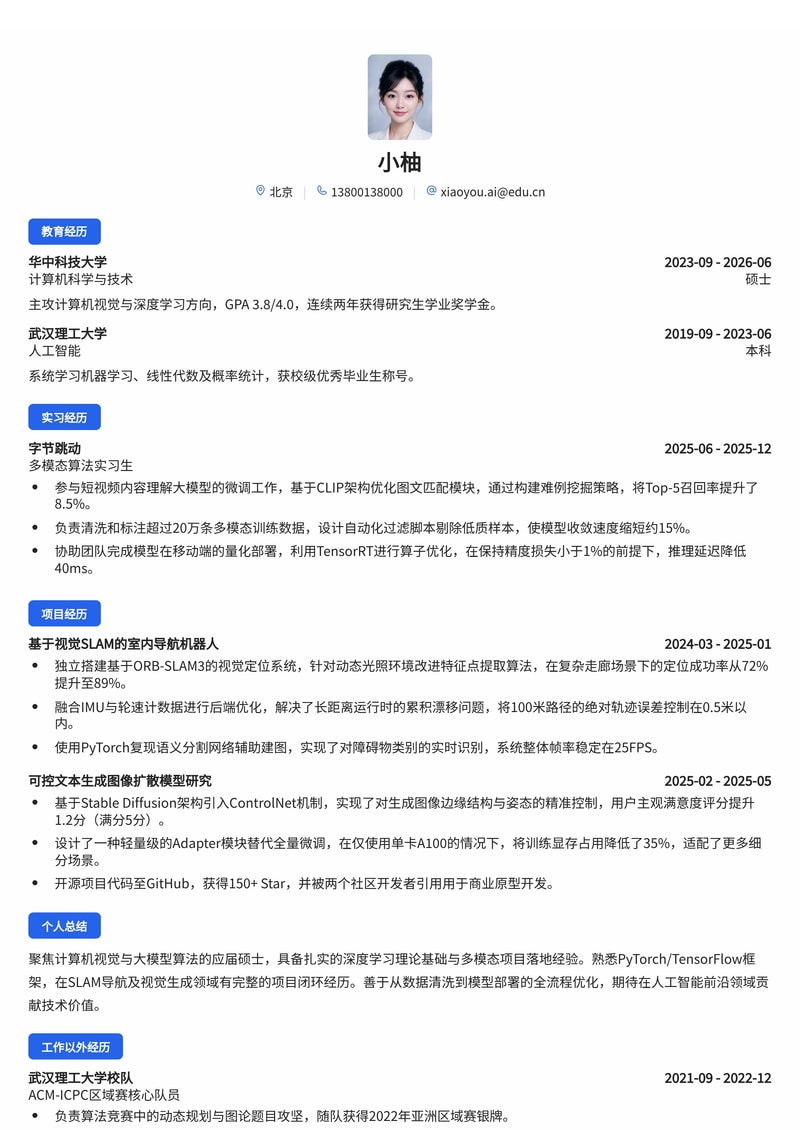 算法工程师（大模型/视觉方向）简历模板 - 人工智能校招专用简历模板预览
