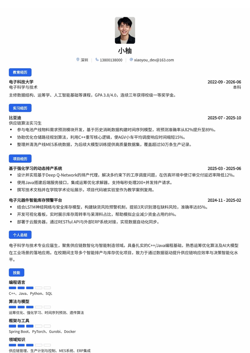供应链/数智化开发工程师简历模板（电子/智能制造校招）简历模板预览