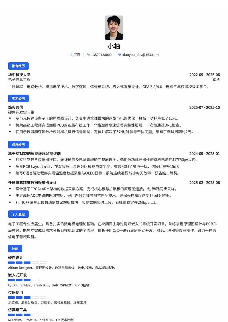 嵌入式/硬件开发工程师简历模板（通信/电子校招）简历模板预览
