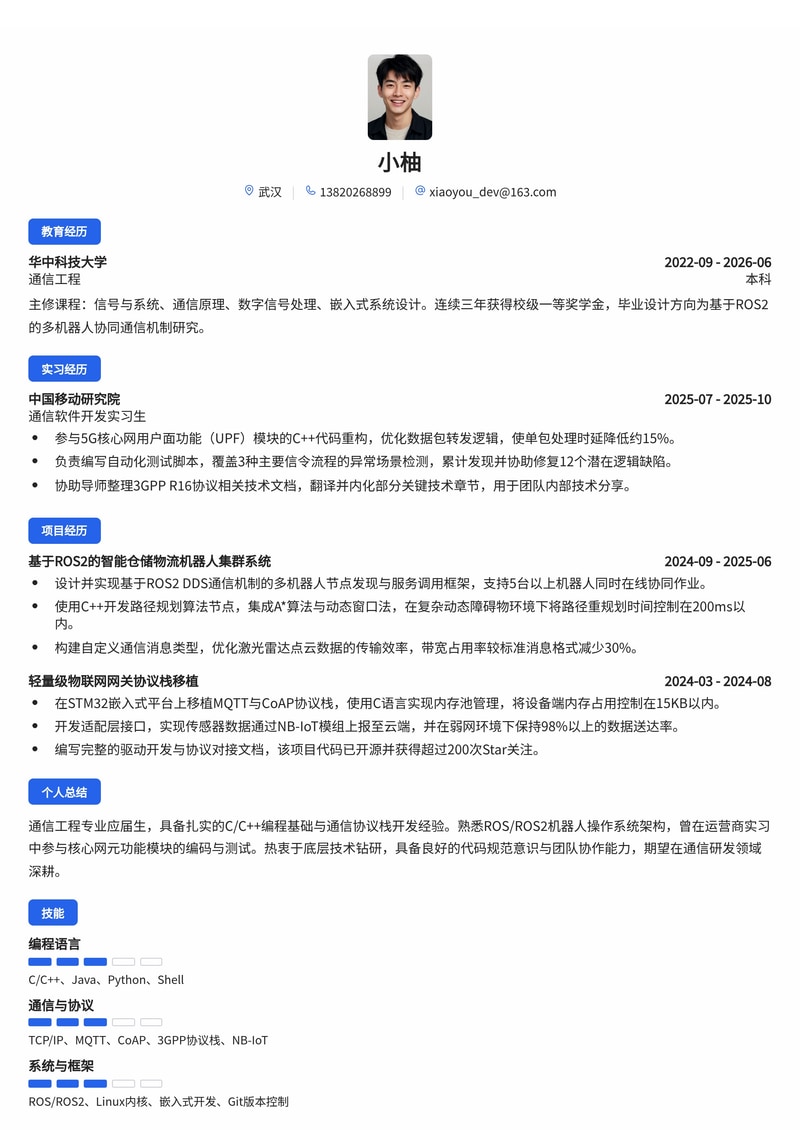 通信研发工程师简历模板（通信/运营商校招）简历模板预览